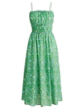J. Crew Green Floral Smocked Defined Waist Spaghetti Strap Midi Dress